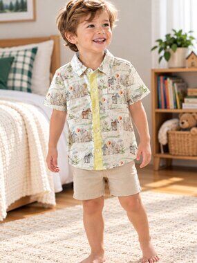 2T Kids Button-Down Shirt in White with Yellow Trim and Animals,